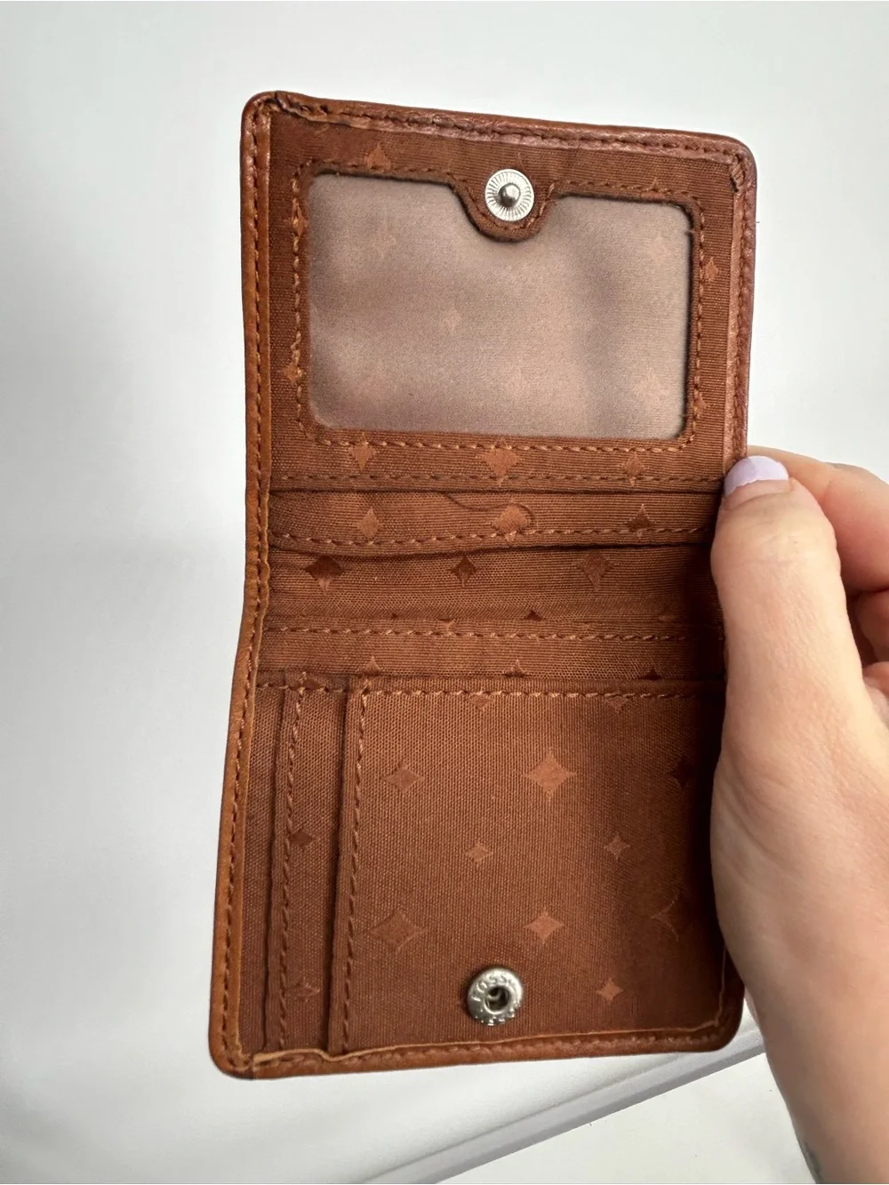 Fossil Mini Light Brown Leather Wallets Keyhole Bi-Fold Cards Cash holder case